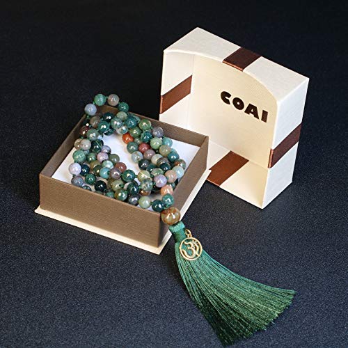 COAI OM Charm Hand Knotted Tassel 108 Mala Beads Necklace - color: Faceted India Agate, size: 8mm