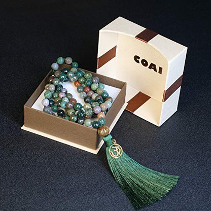 COAI OM Charm Hand Knotted Tassel 108 Mala Beads Necklace - color: Faceted India Agate, size: 8mm