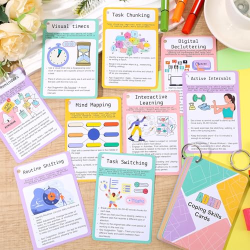 25 Pcs ADHD Coping Skills Cards Emotional Regulation Tool Time Management Therapy Stress Relief Calm Down Corner Supplies Focus Training ADHD Tools for Adults Teens - style: ADHD