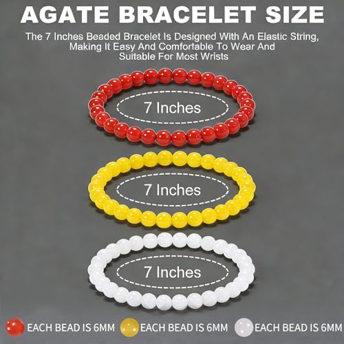 3PCS Agate Bracelet for Women Men Natural Round Beaded Agates Stone Healing Stretch Bracelets Elastic Handmade Polished Gemstone Beads Bracelet - color: White+Yellow+Red