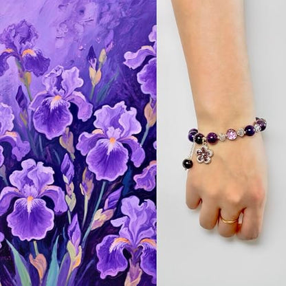 Birth Flower Crystal Bracelets for Women, Handmade Natural Gemstone Stretch Jewelry with Healing & Positive Energy - color: Feb. Violet & Amethyst（2）