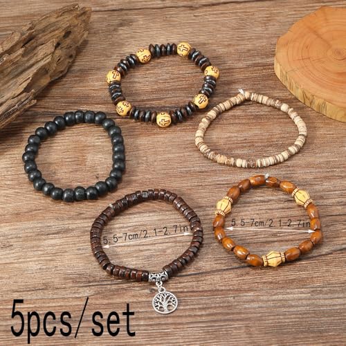 5pcs Wooden Bead Bracelet Set with Charm and Tassel for Men & Women - Stackable Boho Bracelets, Amber Color Scheme Adjustable Bracelet - color: All Brown