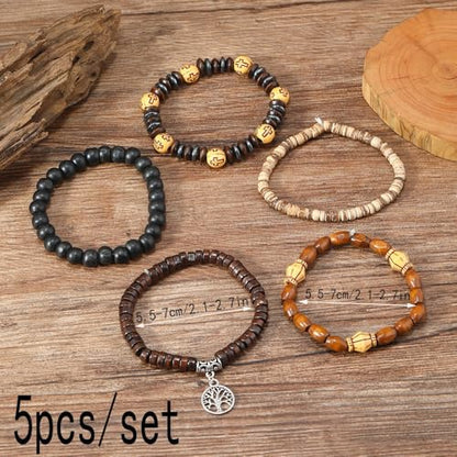 5pcs Wooden Bead Bracelet Set with Charm and Tassel for Men & Women - Stackable Boho Bracelets, Amber Color Scheme Adjustable Bracelet - color: All Brown