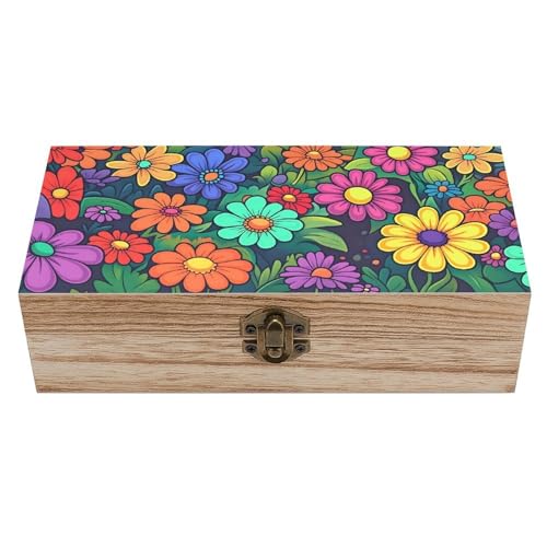 Colorful Small Daisy Wooden Storage Box (7.9" X 3.9" X 2.3"),Vintage Wooden Jewelry Box with Hinged Lid Natural Wood Keepsake Storage Boxes, Decorative Rustic Organizer for Home Decor Crafts Rings Gif - color: Colorful Small Daisy