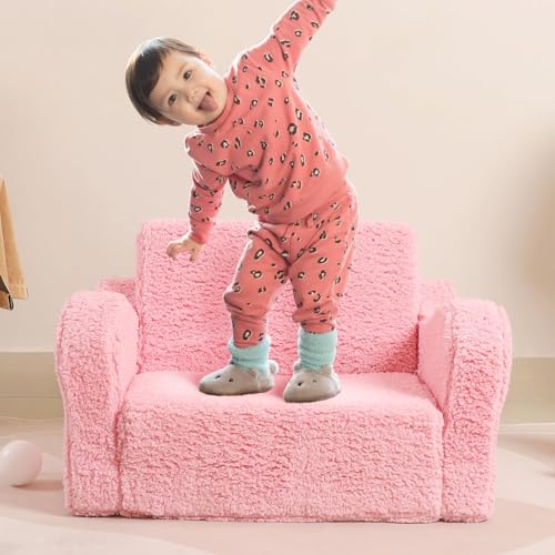 MOMCAYWEX Kids Sofa, 2-in-1 Flip-Out Foam Couch with Soft Sherpa Cover, Cozy Play Lounge Chair, Pink - color: Pink, size: Medium