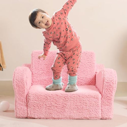 MOMCAYWEX Kids Sofa, 2-in-1 Flip-Out Foam Couch with Soft Sherpa Cover, Cozy Play Lounge Chair, Pink - color: Pink, size: Medium
