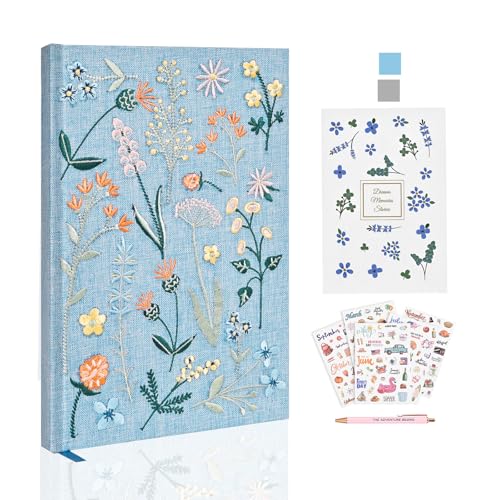 Journal for Women, Embroidered Linen Hardcover Notebook, A5 Journals for Writing & Sketching, Half Blank & Half Lined Journal, Aesthetic Writing Journal with Pen & 200+Stickers, Gift Set for Women - color: Sky Blue