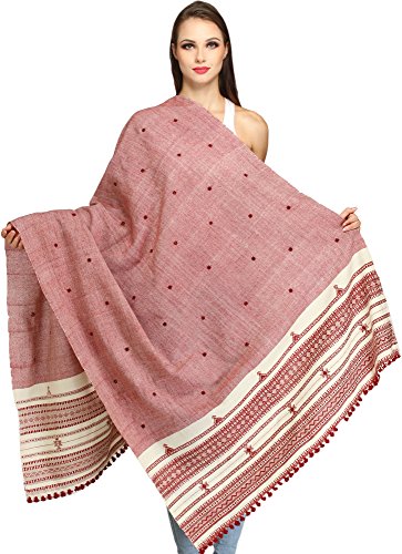 Exotic India Shawl from Kutch with Embroidered Mirrors - Pure Wool - color: Nastalgia Rose
