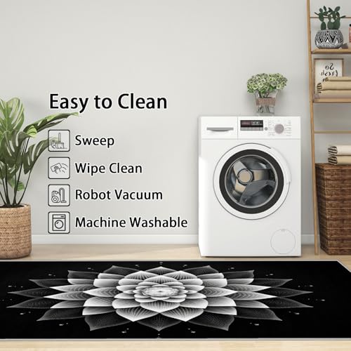 Mandala Rug Black - Mandala Floral Rug, 5x6 ft Washable Non-Slip Stain Resistant Meditation Area Rug, Chakra Yoga Carpet for Living Room, Bedroom, Playroom, Zen Spiritual Home Decor & Gifts