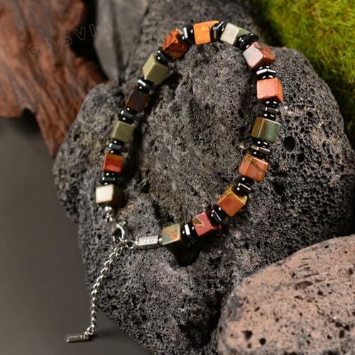 original beaded bracelets for men Picasso jasper mens bracelet with hematite and black onyx spacers stainless steel adjustable chain Handmade Viking style Great for yourself or friends