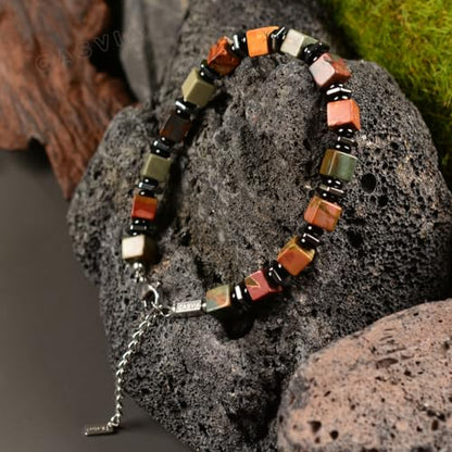 original beaded bracelets for men Picasso jasper mens bracelet with hematite and black onyx spacers stainless steel adjustable chain Handmade Viking style Great for yourself or friends