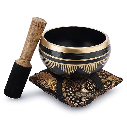 Ajuny Tibetan Singing Bowl Set - Handcrafted Meditation Brass Sound Bowl with Stick and Cushion for Yoga, Chakra Healing, Mindfulness and Stress Relief Spiritual Gifts - Gold Black