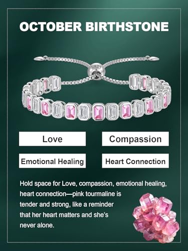Birthstone Bracelets for Women, Sterling Silver Tennis Bracelets Emerald Cut Bezel Set with Adjustable Chain, Elegant Anniversary, Birthday or Valentine's Day Gift - color: 10-Oct-Pink Tourmaline