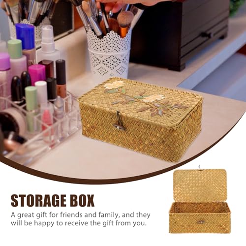 Woven Storage Box with Embroidery Pattern, Rectangular Medium-sized Sundries Organizer, Portable Straw Jewelry and Desktop Storage Case with Lid for Home and Office