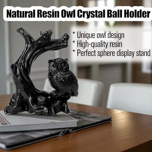 Owl Sphere Holder Crystal Stand Ball Resin Display – 4.92''x4.06'' Natural Quartz Wood Base Figurine, Stable Desktop Decoration for Bedroom, Office, Living Room, Study – Crystal Ball Decor Gift