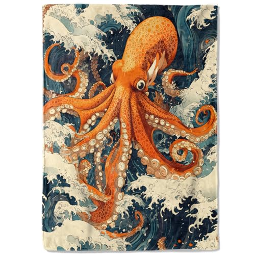 Vintage Octopus Fleece Blanket - 40x50in Retro Ocean Waves Throw Blankets,Soft Cozy Lightweight, Ideal for Living Room Home Rustic Decor and Kids Women Girls Beach Gifts - color: Octopus, size: 40x50 Inch