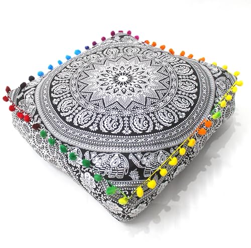 CRAFT KALA Black Elephant Flower Large Hippie Mandala Meditation Floor Ottoman Pillow Cushion Pouf Cover Square Poufs Bohemian Floor Cushion Case Outdoor Fireplace Living Room Decor Cover 16" Square - color: Black & White, size: 16"D x 16"W x 5"H