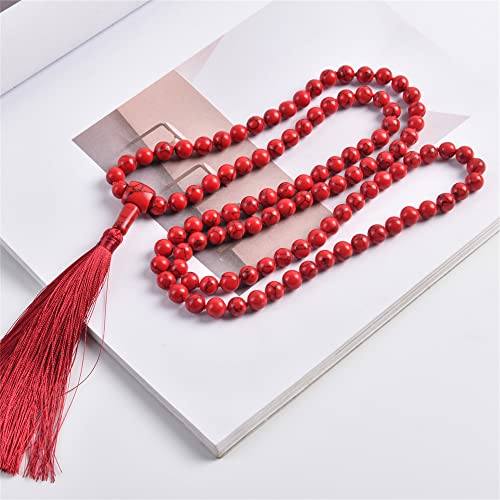 YGLINE Chakra 108 Mala Beads Bracelet Real Healing Gemstone Yoga Meditation Hand Knotted Mala Prayer Bead Necklace - color: Red Turquoise