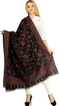 Exotic India Women Reversible Jamawar Wool Shawl with Woven Flowers | Ethnic Beautiful Floral Weave Stole, Dupatta - color: Black and Green