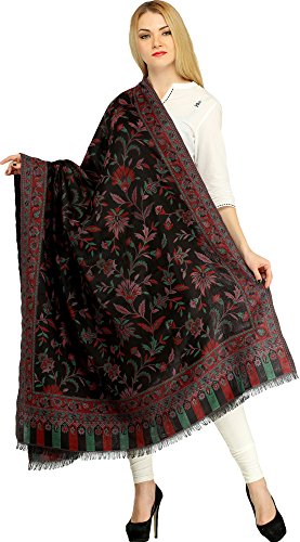 Exotic India Women Reversible Jamawar Wool Shawl with Woven Flowers | Ethnic Beautiful Floral Weave Stole, Dupatta - color: Black and Green