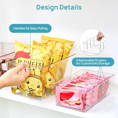 Vtopmart 4+4 Pack Clear Plastic Storage Bins Set, 4 Large Pantry Organizer Bins with Handle and 4 Medium 4-Compartment Food Storage Bins for Pantry, Kitchen, Fridge, Cabinet Organization - style: 4 Larger+4 Medium