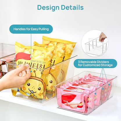 Vtopmart 4+4 Pack Clear Plastic Storage Bins Set, 4 Large Pantry Organizer Bins with Handle and 4 Medium 4-Compartment Food Storage Bins for Pantry, Kitchen, Fridge, Cabinet Organization - style: 4 Larger+4 Medium