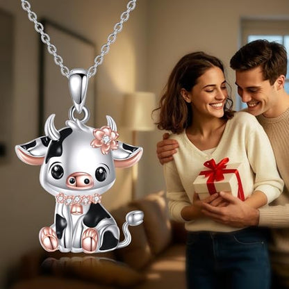 Animal Necklace 925 Sterling Silver Pendant Jewelry Gift for Women Animal Lover - style: Cow