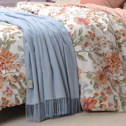 CUDDLE DREAMS Silk Throw Blanket with Hand-Knotted Fringe, Natural, Soft & Breathable (Blue) - color: Blue