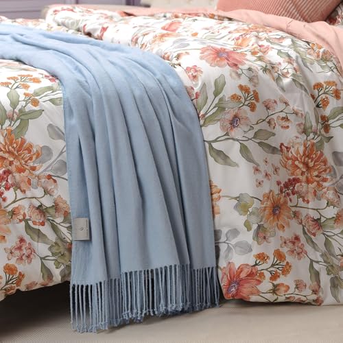 CUDDLE DREAMS Silk Throw Blanket with Hand-Knotted Fringe, Natural, Soft & Breathable (Blue) - color: Blue