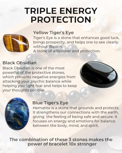Triple Protection Bracelet - 8mm Tiger Eye, Hematite & Black Obsidian Beads - Handmade Healing Crystal Energy Bracelet for Luck & Anxiety Relief - Adjustable Spiritual Jewelry Gift for Men & Women - color: colorful (set 64)