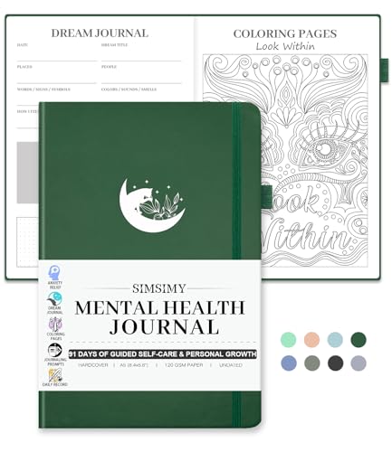 Mental Health Journal, 91-Day Self Care Journal for Women Men, Guided Anxiety & Stress Relief Journal with Mood Tracker, Cognitive Behavioral Therapy Journaling with Mental Health Coloring Pages & Dream Log - color: Dark Green