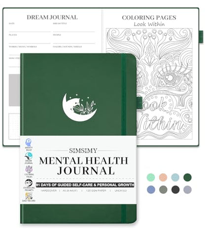 Mental Health Journal, 91-Day Self Care Journal for Women Men, Guided Anxiety & Stress Relief Journal with Mood Tracker, Cognitive Behavioral Therapy Journaling with Mental Health Coloring Pages & Dream Log - color: Dark Green