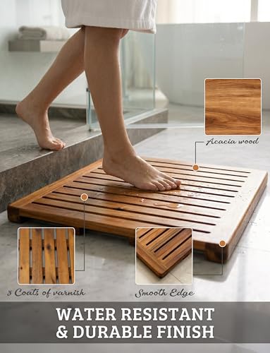 Acacia Wood Shower Mat 21x21 Inches by Demigo, Luxury Bath Mat Non Slip for Bathroom Bathtub Shower Spa Garden Home, Wooden Floor Mat Square Large for Outdoor and Indoor - size: 21" x 21" (Square)