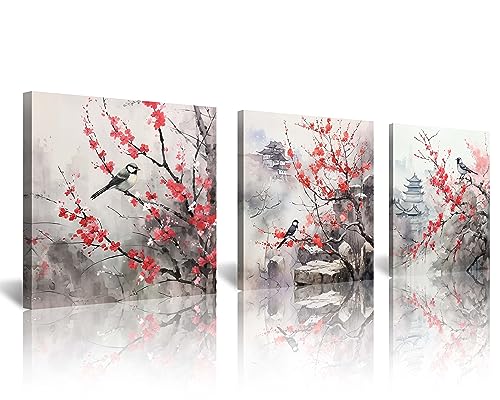 Asian Style Watercolor Traditional Chinese Wall Art Bird On Red Cherry Blossom Branch Decor Oriental Floral Landscape Painting Flower Ink Style Framed for Living Room Bedroom Bathroom Home Decor - color: Bird and Cherry, size: 14x14 inches (3 pieces)