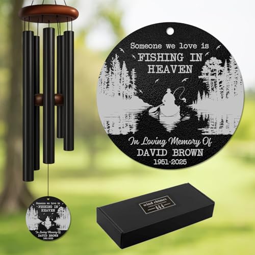 Personalized Fishing Memorial Wind Chimes for Outdoors – Custom Name & Years Remembrance Chime – Sympathy Gift for Loss of Loved One – Memory Windchimes for Garden, Porch, Patio or Lakeside Space - size: FishingWindChimes 1