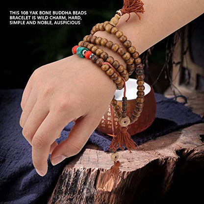 108 NaturalBeads Bracelet,Tibetan Yak Bone Beads Stretch Bracelet,Prayer Meditation Mala Wrap Stretch Necklace for Buddha Buddhist