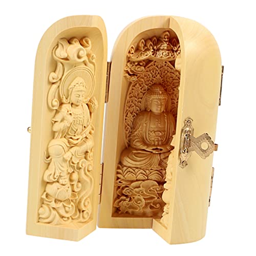 Buddha Statue for Home Decor Wooden Buddha Figurine 3-Compartment Box Handmade Pine Wood Spiritual Carving for Meditation and Zen Spaces for Home and Office Decoration Style