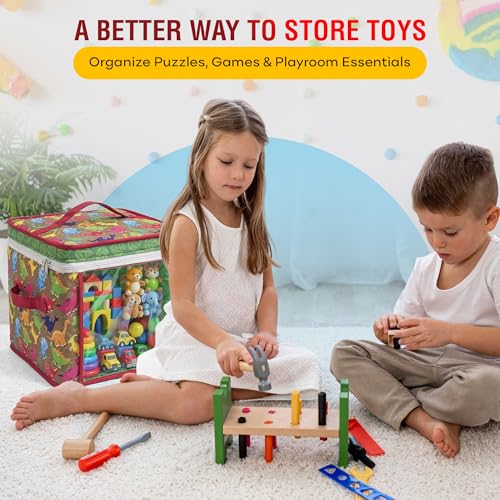 12" Soft Side Zipper Toy Storage Bag, Quilt Pattern Cloth Cube, Reusable,Clear Bag, Playroom, Bedroom & Puzzles Board Game Organizers And Storage Bin, Dinosaurs & Leaves Design - color: Dinosaur