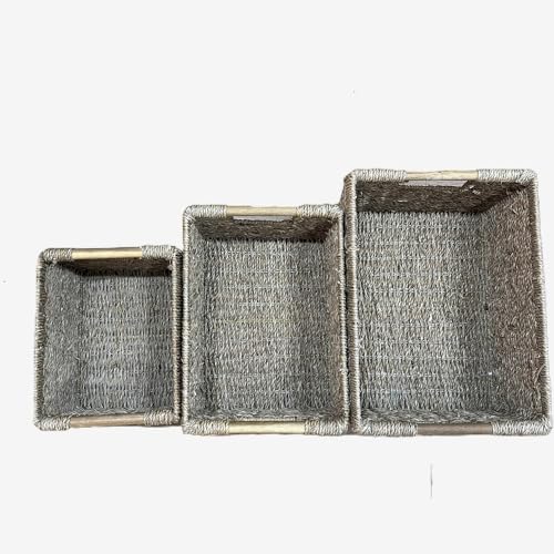 HomeRoots Seagrass Storage Baskets Set of 3, Woven Seagrass Baskets for Shelves, Closet, Nursery, Living Room, Natural Wicker Storage Baskets for Organization and Home Decor