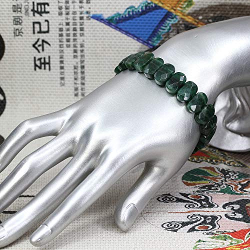 Keleny Semi Precious Stones 14mm Faceted Oval Beads Crystal Rock Elastic Bangle 7.5 Inch - color: Dark Green African Jade