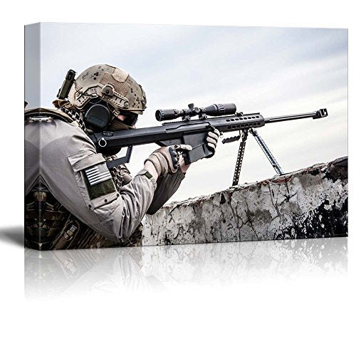 wall26 - Canvas Prints Wall Art - Sniper Posted on Roof Ledge | Modern Wall Decor/Home Decoration Stretched Gallery Canvas Wrap Giclee Print. Ready to Hang - 12" x 18" - color: Sniper Posted on Roof Ledge, size: 18"L x 12"W