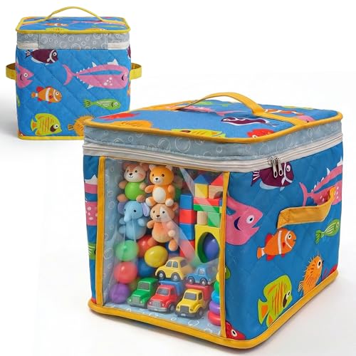 12" Soft Side Zipper Toy Storage Bag, Quilt Pattern Cloth Cube, Reusable, Clear Bag, Playroom, Bedroom & Puzzles Board Game Organizers And Storage Bin, Fish & Bubbles Design - color: Fish