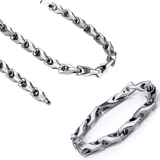 Urban Jewelry Men’s Wheat Link Bracelet Collection – Tungsten Carbide Base, 3-Sided Links, 8.3 Inch, Black, Silver & 24K Gold Plated Variations, Scratch-Resistant, Gift Box - color: Silver Plated over Tungsten Bracelet Necklace Set