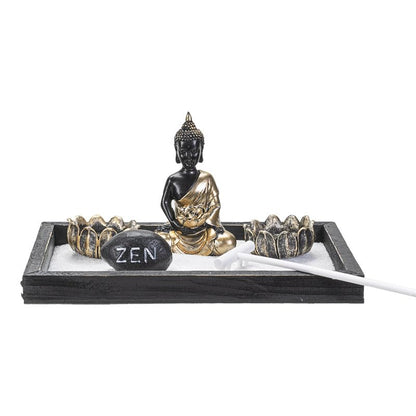 Pacific Giftware Meditation Zen Garden Set with Black and Gold Buddha Figurine Two Lotus Tea Light Candle Holders White Sand Decorative Wood Display Tray Decor 9" x 5"