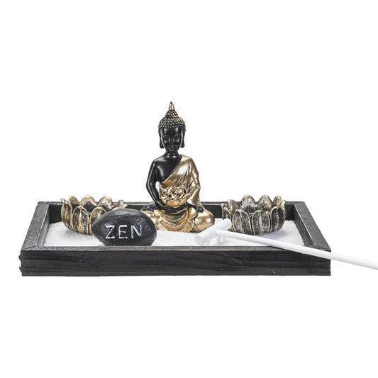 Pacific Giftware Meditation Zen Garden Set with Black and Gold Buddha Figurine Two Lotus Tea Light Candle Holders White Sand Decorative Wood Display Tray Decor 9" x 5"