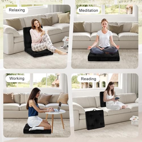 Meditation Floor Cushion Set of 2, 22x22 Tufted Floor Pillow for Adults, Square Large Meditation Cushion Pillow, Black Corduroy Sitting Pillow with Handle, Yoga Seating for Tatami