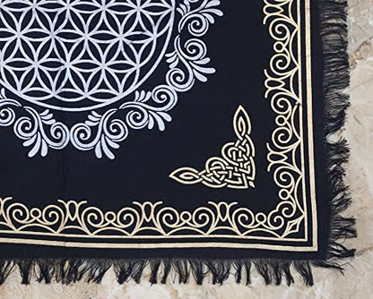 INDACORIFY Flower of Life Altar Table Top Cloth with Fringes Alter Tarot Witchcraft Spread Spiritual Sacred Cloth 18x18 in (Gold & Silver Flower of Life) - color: Gold & Silver Flower of Life