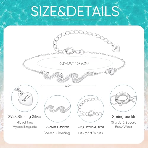 925 Sterling Silver Bracelets for Women - Wave Bracelet for Her Sister Mom Daughter Friend Dainty Stackable Adjustable Link Chain Bracelet Jewelry Birthday Gifts for Birthday Christmas Valentines