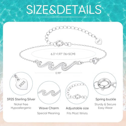 925 Sterling Silver Bracelets for Women - Wave Bracelet for Her Sister Mom Daughter Friend Dainty Stackable Adjustable Link Chain Bracelet Jewelry Birthday Gifts for Birthday Christmas Valentines