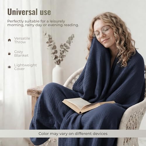 4-Layer Muslin Cotton Bed Blanket Twin Size (66 x 90 inches) – Soft, Breathable, Lightweight All-Season Gauze Blanket, Machine Washable – Navy - color: Navy, size: Twin (66 x 90 inches)